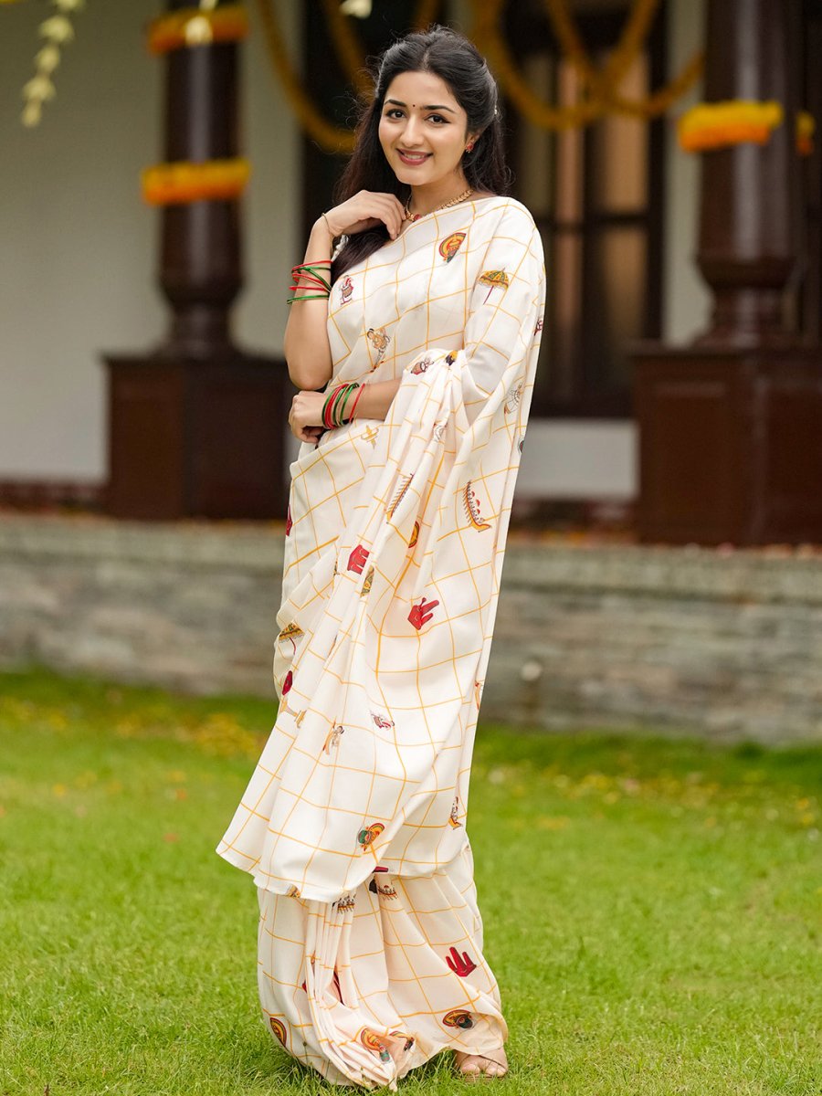 Onam Special Kerala Theme Mul Cotton Saree with Printed Motifs & Tassels | Traditional Off-White Festival Saree with Running Blouse