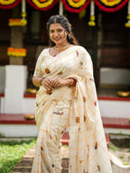 Onam Special Kerala Theme Mul Cotton Saree with Printed Motifs & Tassels | Traditional Off-White Festival Saree with Running Blouse