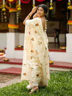 Onam Special Kerala Theme Mul Cotton Saree with Printed Motifs & Tassels | Traditional Off-White Festival Saree with Running Blouse