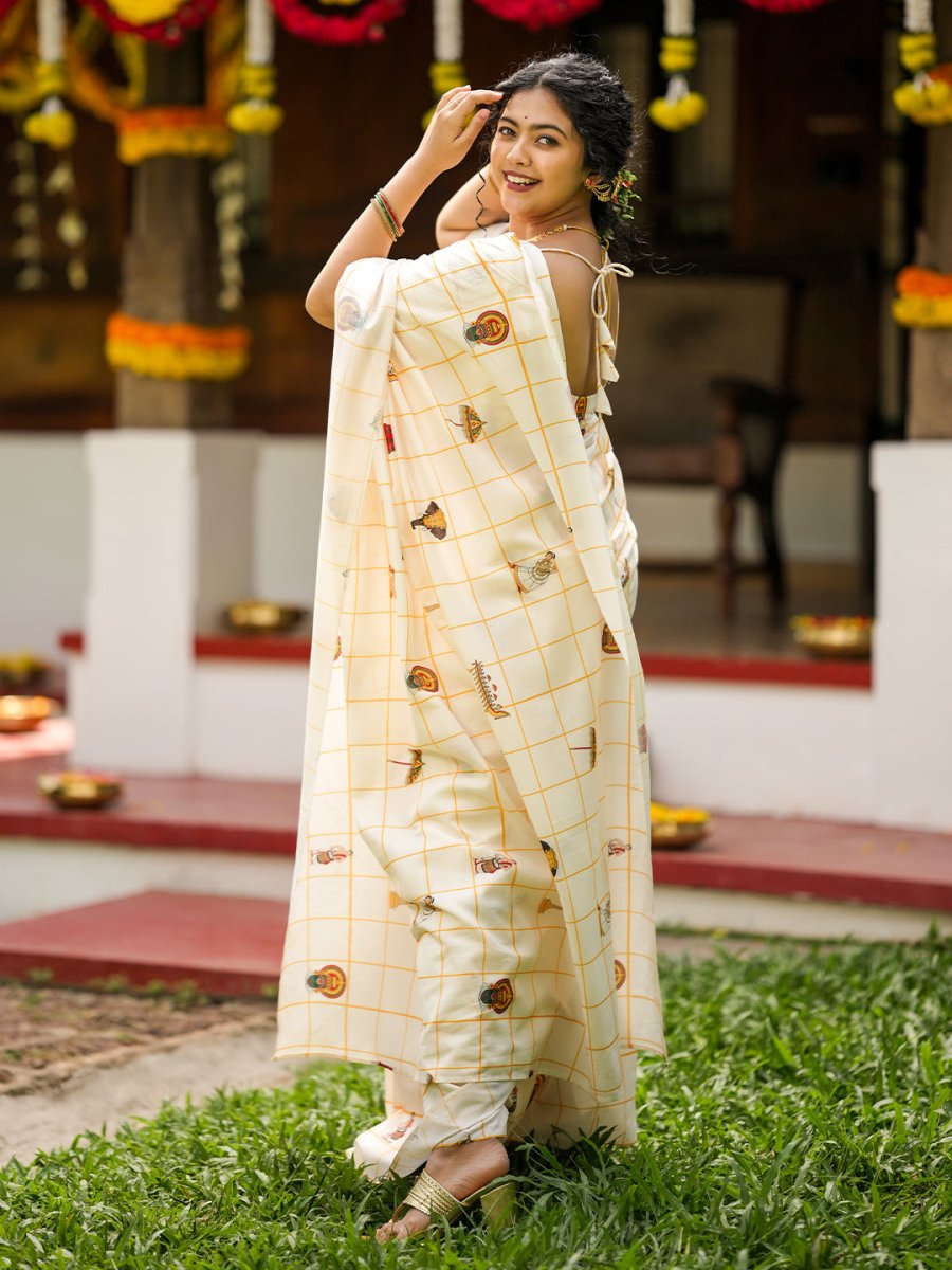 Onam Special Kerala Theme Mul Cotton Saree with Printed Motifs & Tassels | Traditional Off-White Festival Saree with Running Blouse