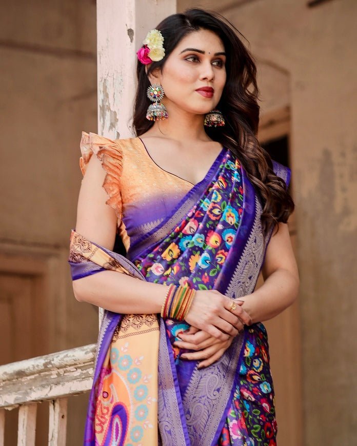 Pure Silk Digitally Printed Saree Weaved With Golden Zari Comes With Tassels - Almaari Fashion
